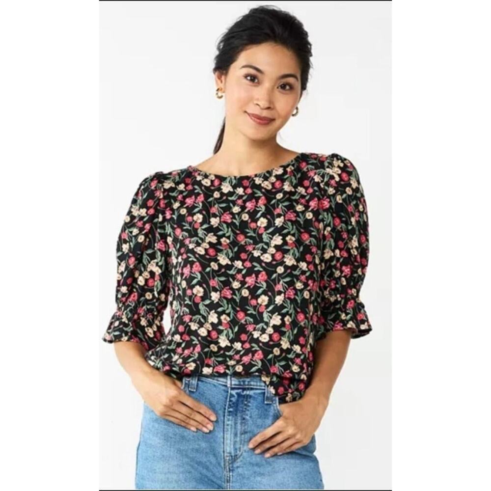 Draper James Floral Blouse XL Black Red Short Sleeve Peplum Top Feminine Chic